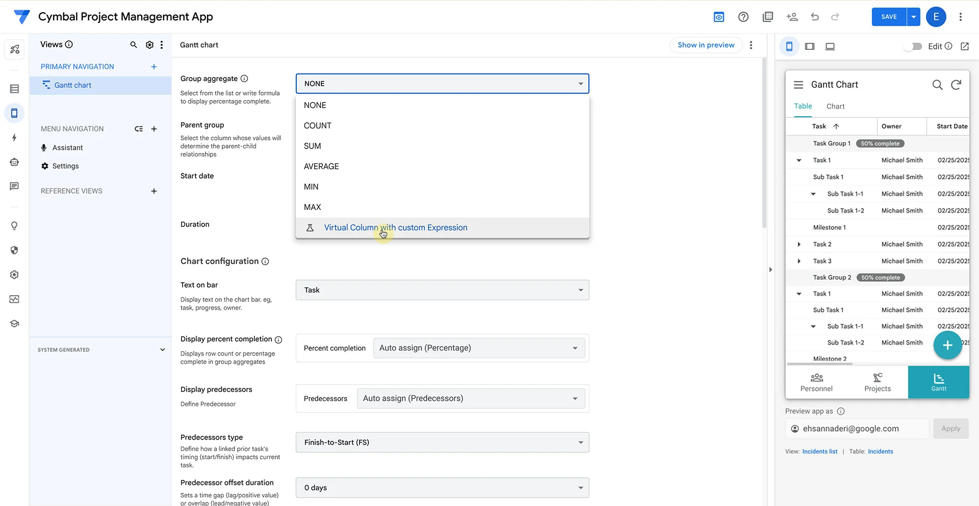 Configuring the Gantt view in the platform editor