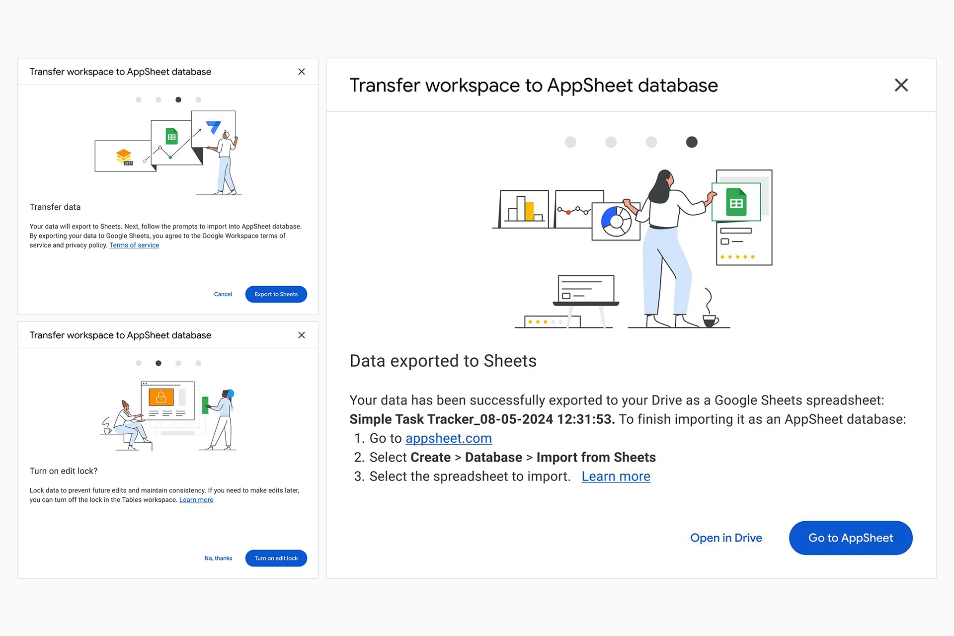 The guided database migration flow shown as a stepper