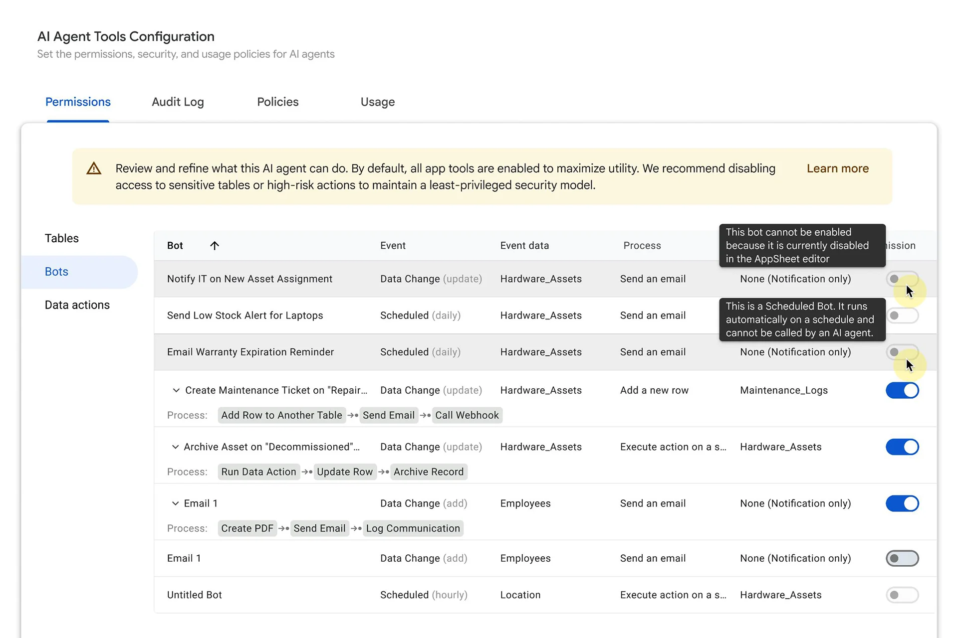MCP setup, granular permission levels for data and operations