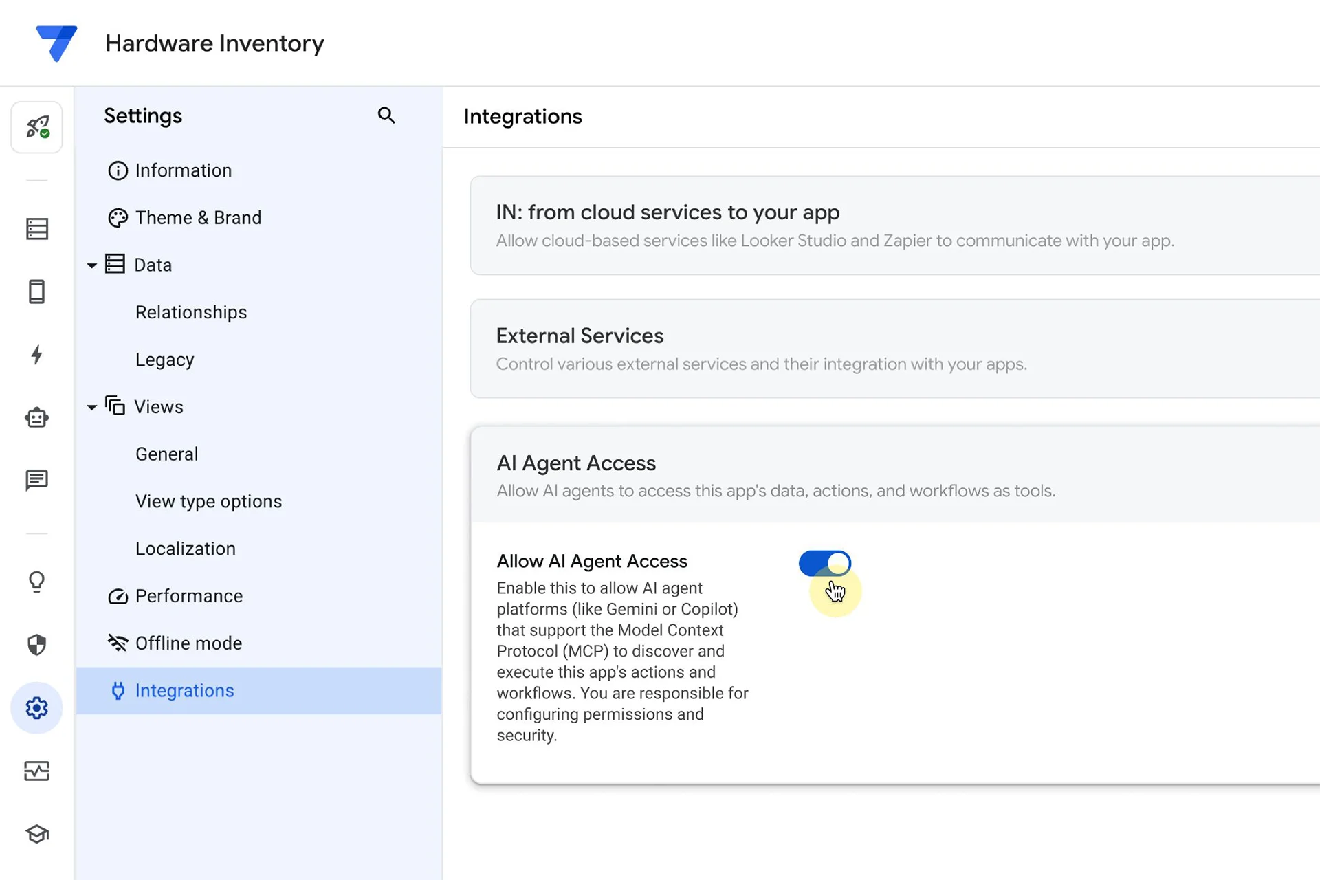 MCP setup, selecting which app capabilities are exposed to agents