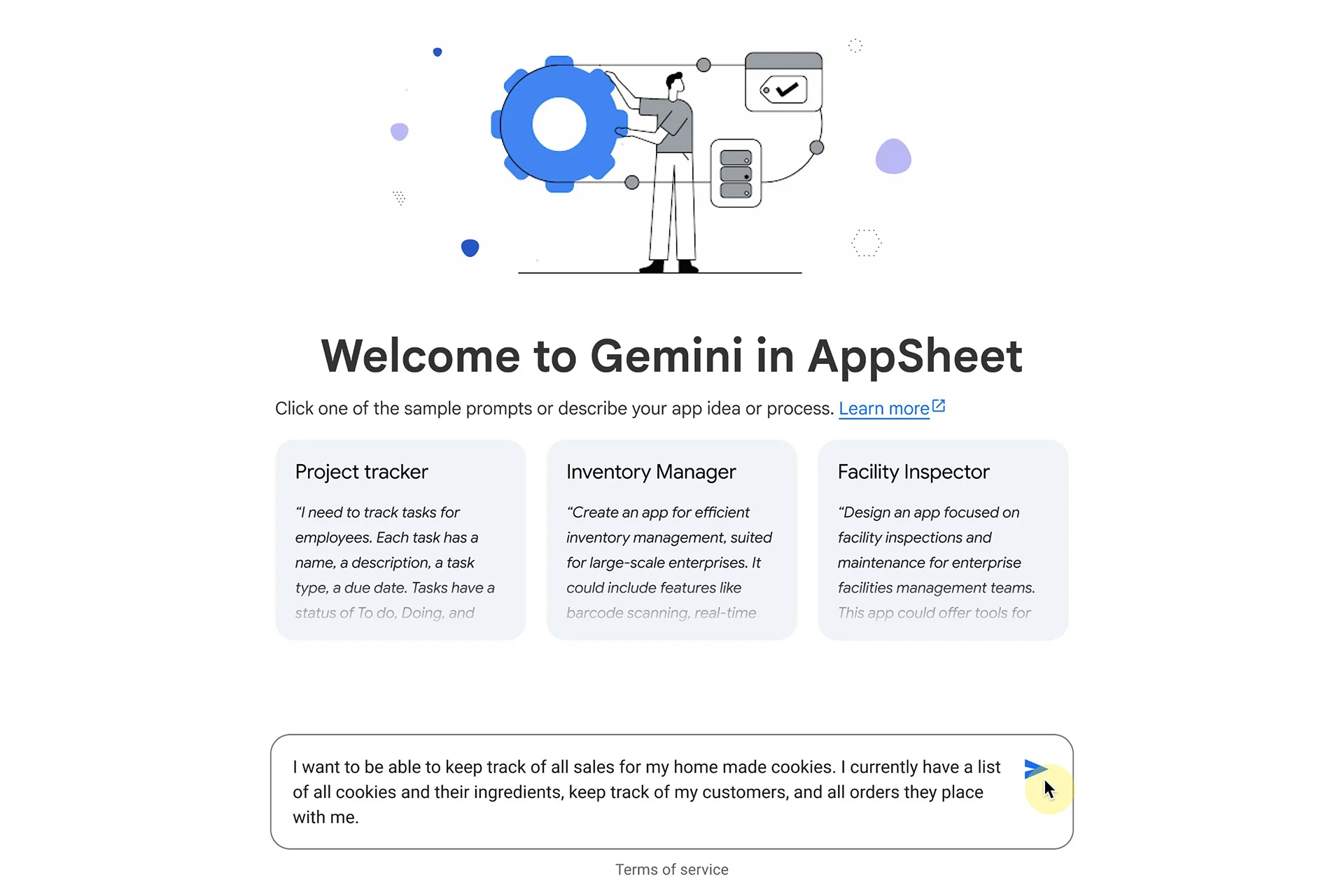 Natural-language creation, the generation step where the user describes the job in plain language