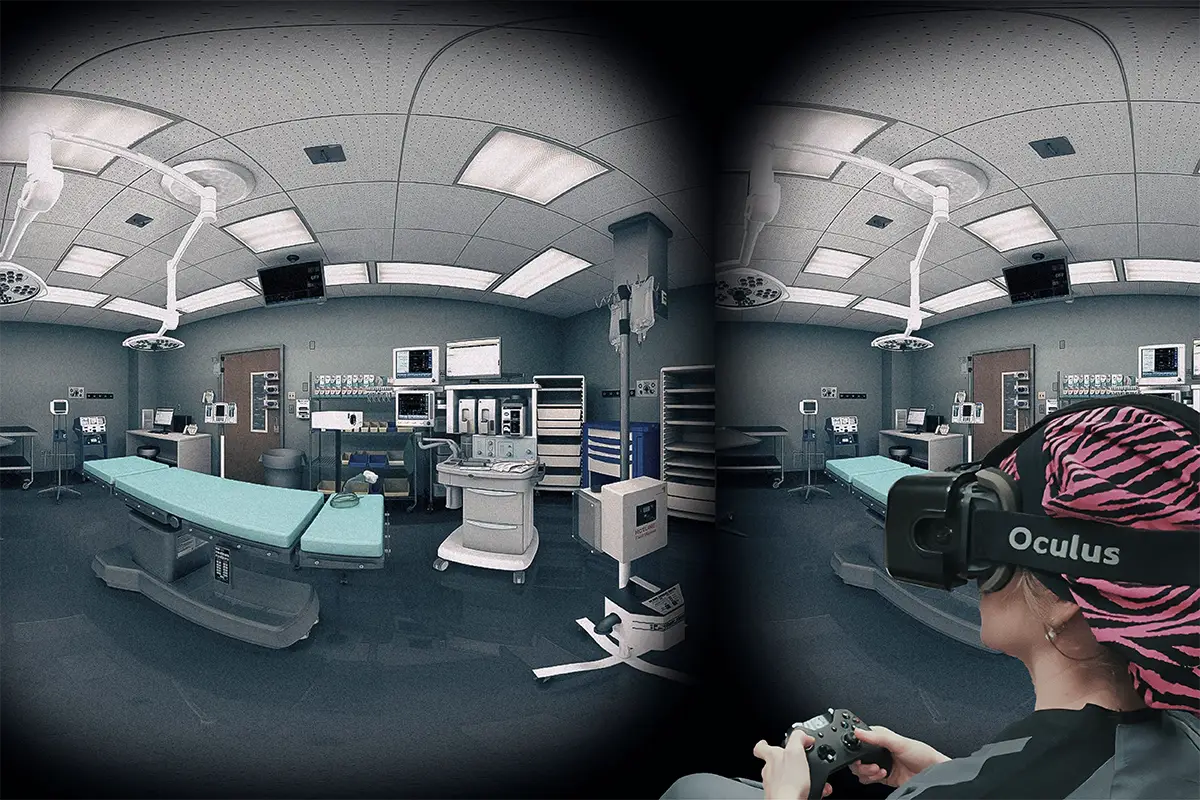 Stereoscopic dual view of the virtual operating room, captured in the headset
