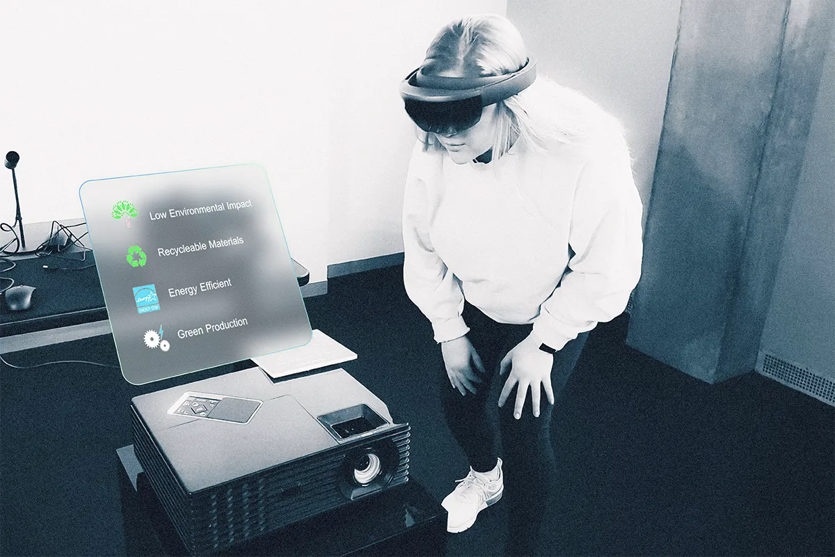 Sustainability information overlaid and anchored to a product in head-mounted mixed reality